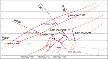 Figure 3. Cross-section, looking approximately to the South West, of new diamond drill holes.